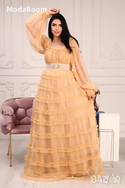 Super sale💯Вечерна рокля с дълги ръкави, деколте и тюл с волани в златисто, снимка 1