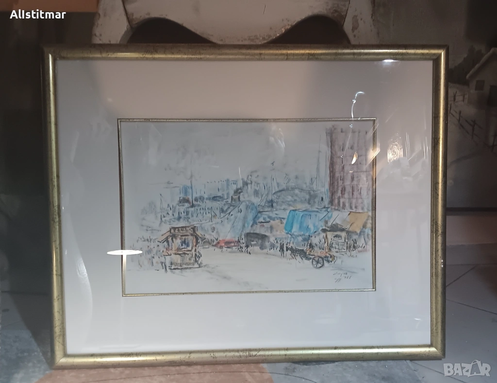 Картина, пастел, 'Пирея', подписана, датирана, снимка 1