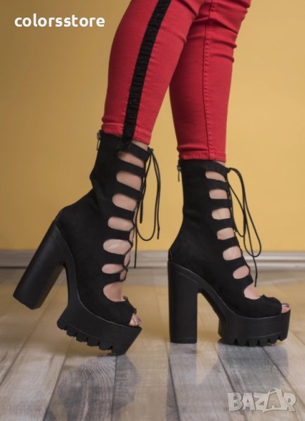 Летни боти на ток - черен велур - 101, снимка 1
