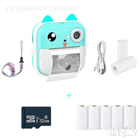 Зелен Детски Фотоапарат с Незабавен Печат 24MP и Светещи Уши 4694