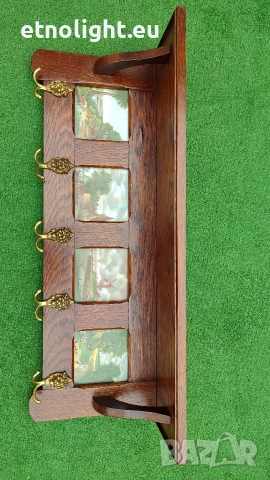 Уникална старинна масивна дъбова закачалка с рафт, двойни  окачвачи  и порцеланови плочки , снимка 6 - Закачалки - 52805960