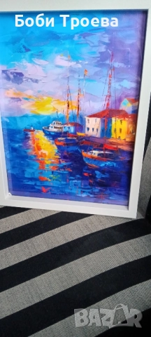 Модерна Стенна Декорация с Рамка -Спокойни Лодки и Сграда, снимка 4 - Картини - 51974318