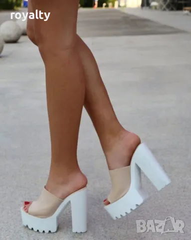 Чехли на ток - бежова кожа с бяло ходило