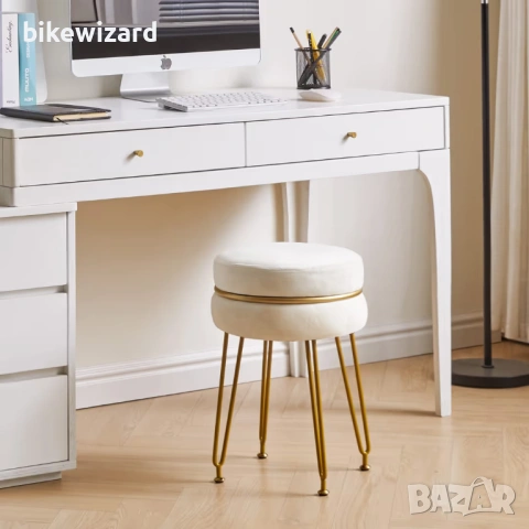 Модерна кадифена кръгла табуретка със златисти крака – кремаво-бяла НОВА, снимка 3 - Столове - 53718714