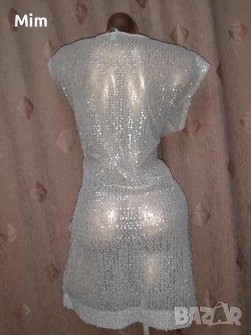 LC   L/XL Бяла прозрачна рокля с пайети , снимка 5 - Рокли - 40385940