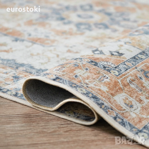 TOPICK Килимче за врата 150 x 90 см, перещ се, супер тънък, сгъваем, винтидж, с къс  косъм, ориентал, снимка 5 - Килими - 51855069