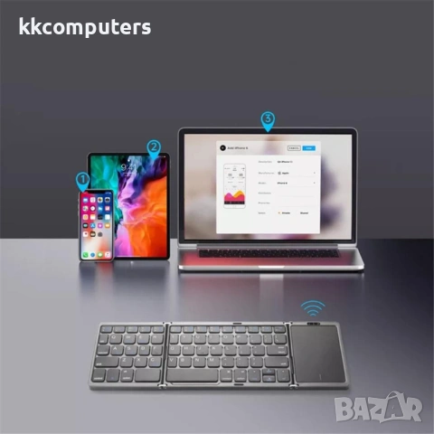 B089T ултратънка сгъваема Bluetooth клавиатура с тъчпад – презареждаема, 10 м обхват, снимка 2 - Клавиатури и мишки - 53656317