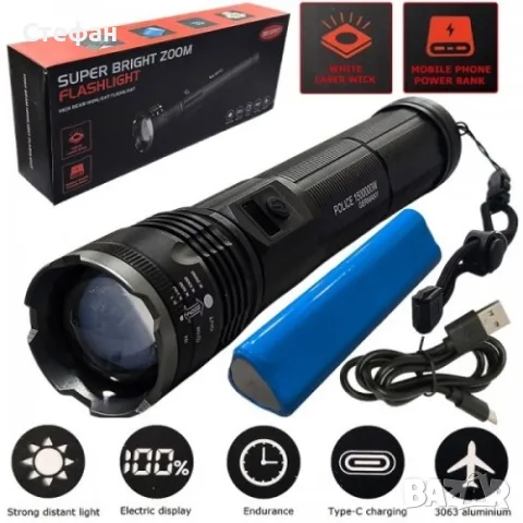 Мощен Акумулаторен LED фенер POLICE BX-SP37 Zoom Type-C Power Bank, снимка 2 - Къмпинг осветление - 55937305