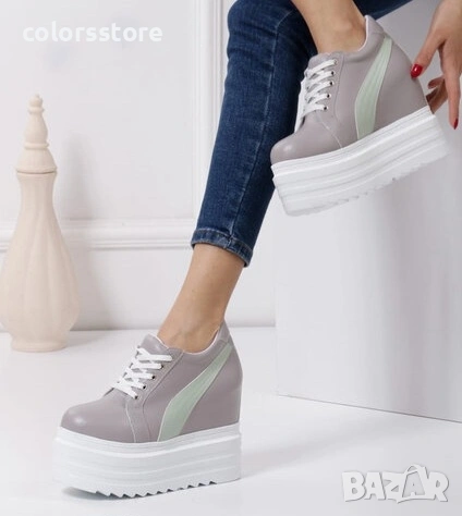 Кецове на платформа - сиви със зелена лента - SJN56