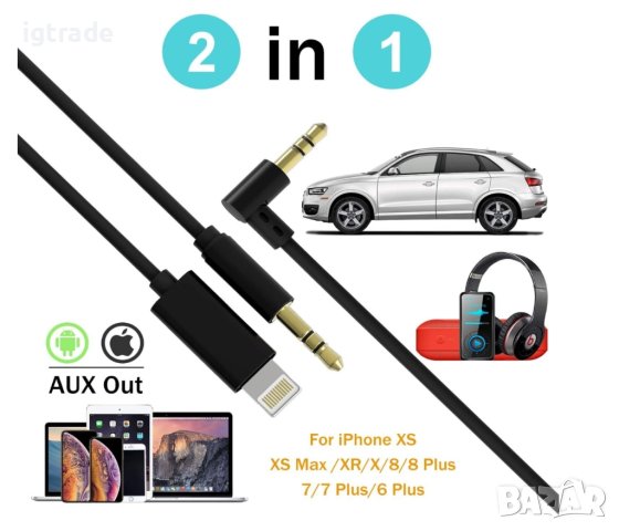 AUX кабел 2 в 1 - за iOS и Android - iPhone  и др. - 3.5мм, снимка 3 - Други - 40383292