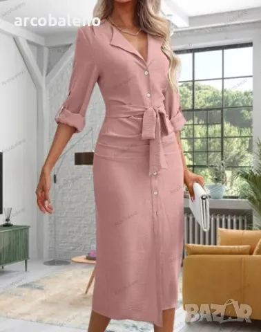 Дамска едноцветна работна рокля с ревер и колан, 9цвята , снимка 10 - Рокли - 48507913