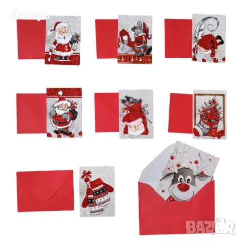 5290 Мини брокатени коледни картички с червен плик