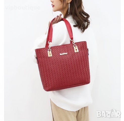 Червена дамска чанта от Еко кожа - Елегантен Комплект от 6 части, снимка 4 - Чанти - 35908888