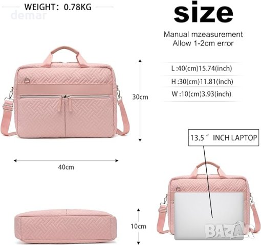 Kono  Чанта за лаптоп за жени, 15,6-инчово ватирано куфарче, водоотблъскваща калъфка, розово, снимка 3 - Чанти - 44507397