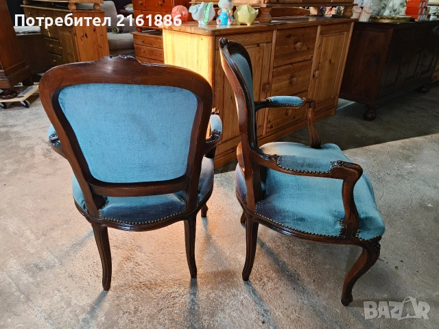 Дъбово кресло с дърворезба и плюшена дамаска , снимка 3 - Дивани и мека мебел - 53118174