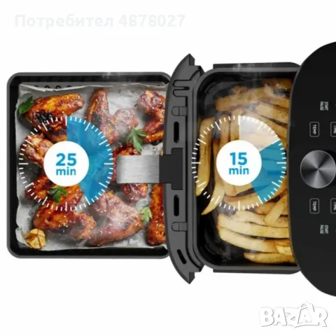 Еър Фрайър 2 в 1 - 11L - Midea MAD1100DADK - С две зони за готвене, 10 програми и 360° циркулация на, снимка 5 - Фритюрници - 55767636