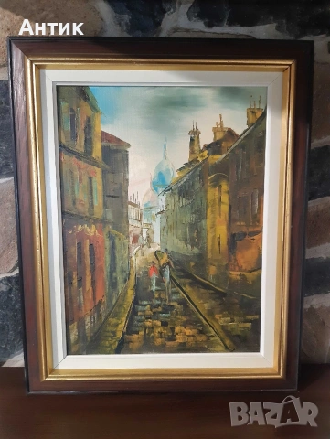 Красива Стара Картина Уличен Пейзаж Живопис Маслени Бои на Платно, снимка 11 - Картини - 53327691