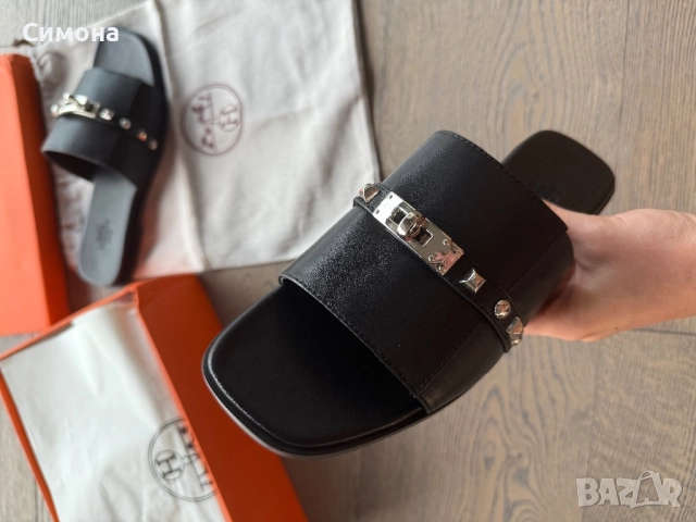 Hermes естествена кожа чехли черни, снимка 8 - Чехли - 51541569