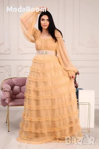 Super sale💯Вечерна рокля с дълги ръкави, деколте и тюл с волани в златисто