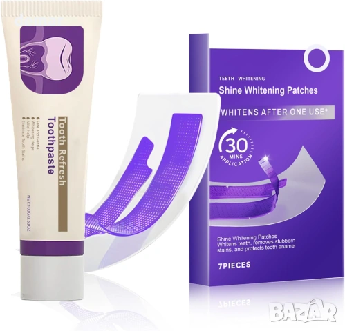 Лилави лентички за зъби и паста за зъби