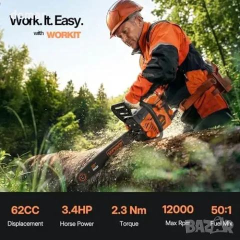 Бензинова резачка WORKIT 62CC с шини 18 и 20 инча, снимка 6 - Моторни триони/резачки - 55776009