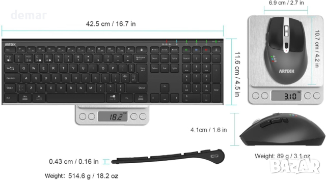 Arteck Универсална комбинация Bluetooth клавиатура и мишка с акумулаторни батерии, снимка 5 - Клавиатури и мишки - 44559725