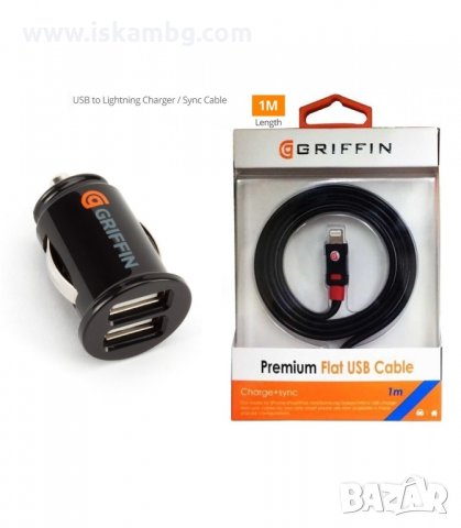 2В1 АДАПТЕР ЗА ЗАПАЛКА С 2БР USB + КАБЕЛ "GRIFFIN" -  код Griffin-1