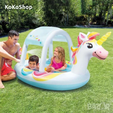 Детски басейн "Еднорог" с пръскалка и подвижен сенник-254х132х109 см., снимка 2 - Надуваеми играчки - 50811329