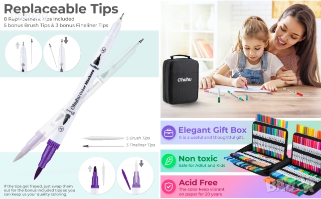 Ohuhu Maui Series маркери с два писеца тип четка и тънък писец, 160 цвята, снимка 4 - Ученически пособия, канцеларски материали - 52183232