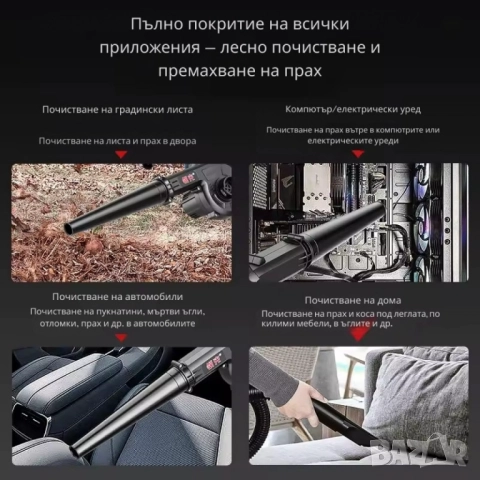 Безжична вентилаторна прахосмукачка 2 в 1 – Издухване и Всмукване с Мощна 21V Батерия, снимка 8 - Друга електроника - 51947672