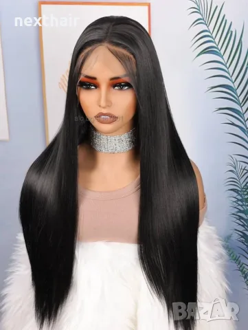 Елегантна черна права перука 70 см с Lace Front дантелен път 13×4×1, снимка 2 - Аксесоари за коса - 55707188