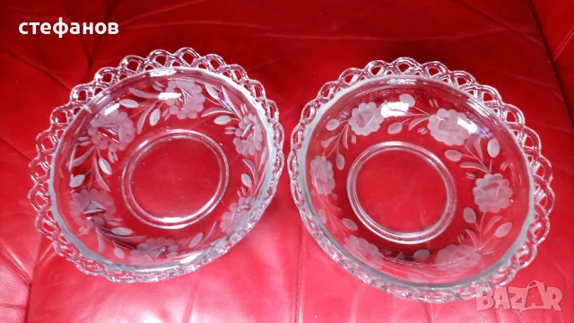 Две стъклени фруктиери, ръчна гравюра, снимка 4 - Прибори за хранене, готвене и сервиране - 51328303