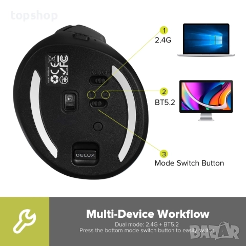 Чисто нова безжична вертикална мишка DeLUX, малка, презареждаща се, безшумна ергономична мишка ..., снимка 4 - Клавиатури и мишки - 51628780