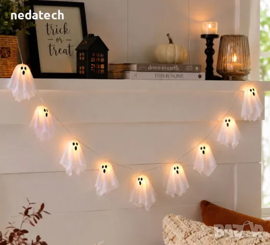Halloween декоративен гирлянд с призраци, LED светлини и програма – 276 cm, снимка 2 - Декорация за дома - 56210900