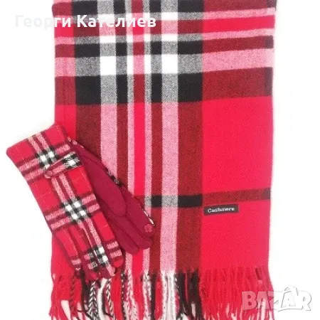 Дамски зимен комплект шал и ръкавици в червен цвят-Burberry Код на продукта:DK-0011