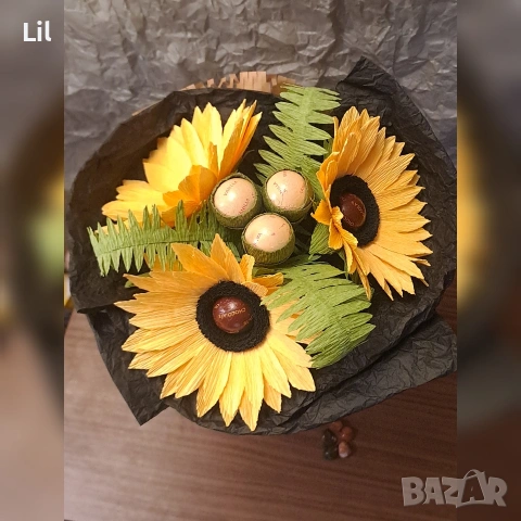 Букети от крепхартия и бонбони, снимка 4 - Изкуствени цветя - 53135078