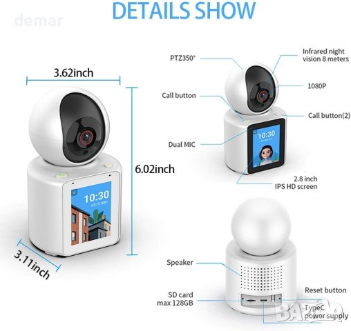 CIAJIE Двупосочна видеокамера 2,8'' екран wifi 360° интелигентна 1080p, снимка 2 - HD камери - 42068085
