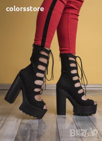 Летни боти на ток - черен велур - 101