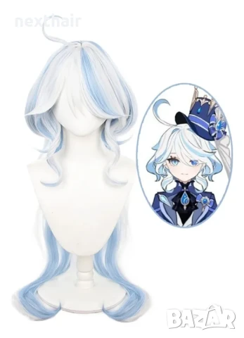Аниме бяла перука със сини кичури Game Focalors Furina Fantasia Fontaine Impact Genshin