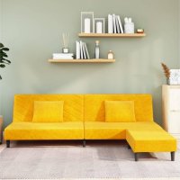 2-местен диван с две възглавници и табуретка, жълт, кадифе, снимка 1 - Дивани и мека мебел - 41888928