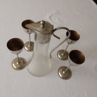 1930г АртДеко каничка метал стъкло 4метални чаши, снимка 5 - Антикварни и старинни предмети - 41046962