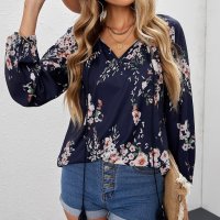Дамска блуза в тъмносиньо с принт на цветя, снимка 5 - Блузи с дълъг ръкав и пуловери - 40148911