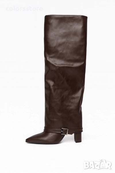 Ботуши на ток - кафява лъскава кожа - KD188 , снимка 1