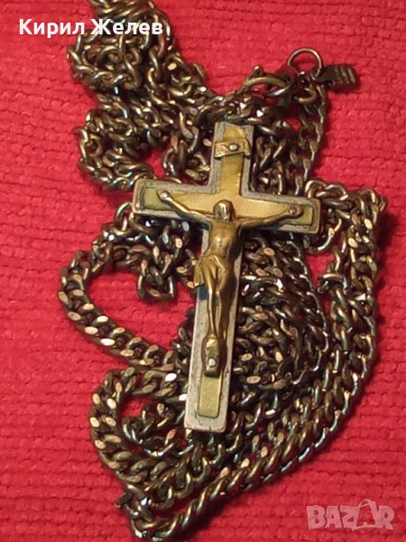 СТАРИННО ПОСРЕБРЕНО БРОНЗОВО РАЗПЯТИЕ КРЪСТ МАЙСТОРСКА РЯДКА РАБОТА с ПОЗЛАТЕНА РЕТРО ВЕРИЖКА 17316 , снимка 1