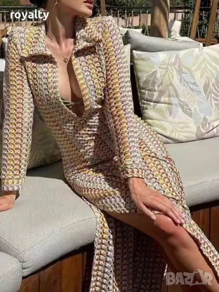 Ръчно изработена, плетена на една кука рокля, с дълбоко деколте, от плетен тъкан плат 🍇🍋, снимка 1