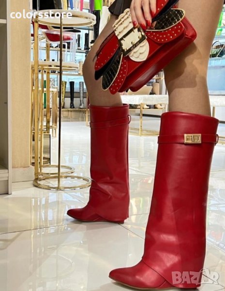 Ботуши на платформа - червена кожа - K-40, снимка 1