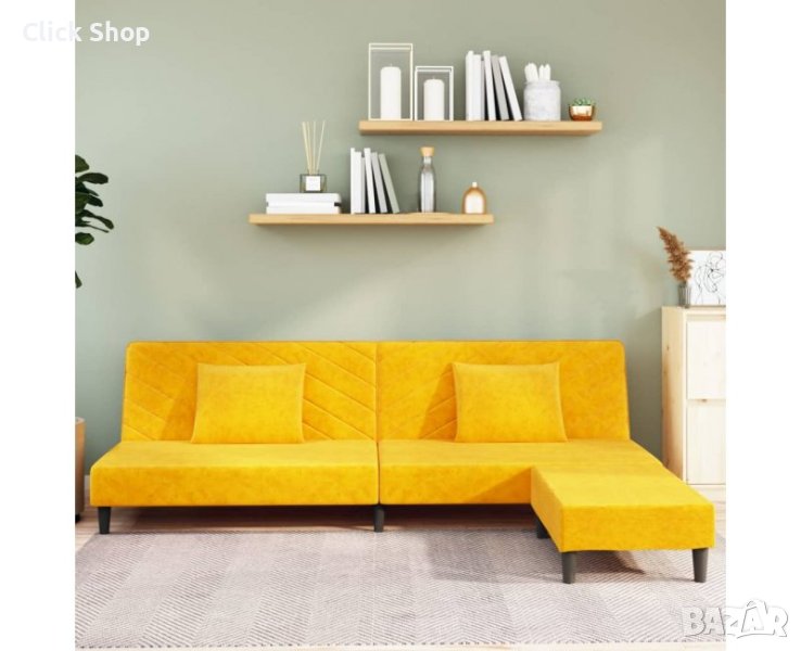 2-местен диван с две възглавници и табуретка, жълт, кадифе, снимка 1