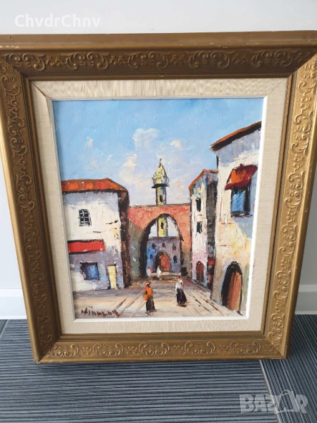 65х57см/стара картина масло върху платно/градски пейзаж-джамия/Мароко-Африка/дървена рамка, снимка 1
