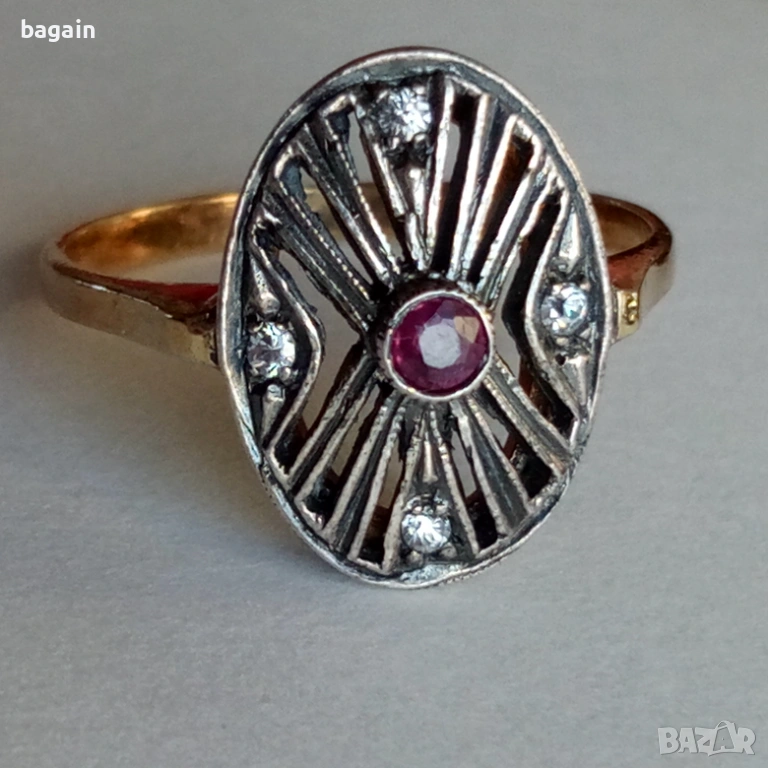 Сребърен пръстен с рубин и позлата., снимка 1