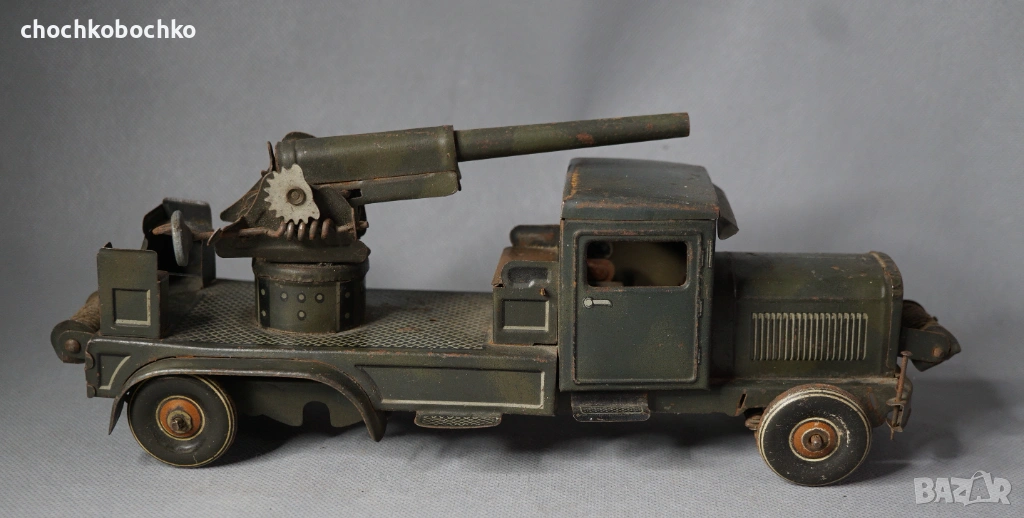 1930 Типко Метална механична играчка Военен Камион Гаубица, снимка 1